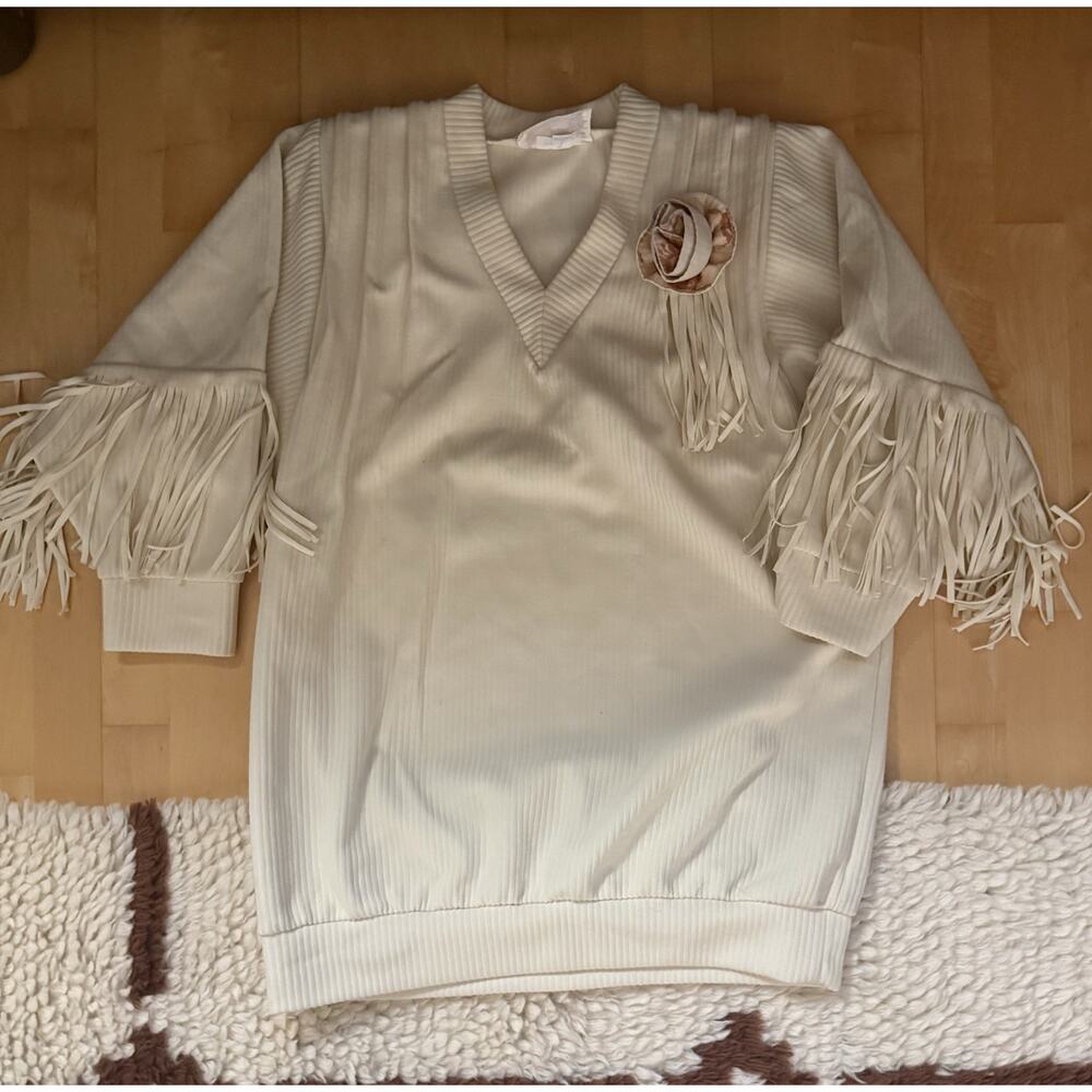 VTG 1980’s MA RENA 2 Piece Wearable Art Fringed Top & Skirt Cream Western L - Picture 5 of 6